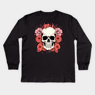 Skull Pink Flowers Kids Long Sleeve T-Shirt